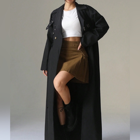 Extra Long Full Length Solid Color Double-Breasted Long Sleeve Windbreaker - Picture 1 of 5